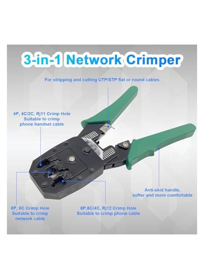 PROMASS Crimping Tool Kit for RJ11/RJ12/RJ45/CAT5/CAT6/Cat5e, Professional Computer Maintenance Lan Cable Tester Network Repair Tool Portable Cable Crimper Teaser Wire Stripper 50pcs Crystal Head Packing Bag  - Image 2