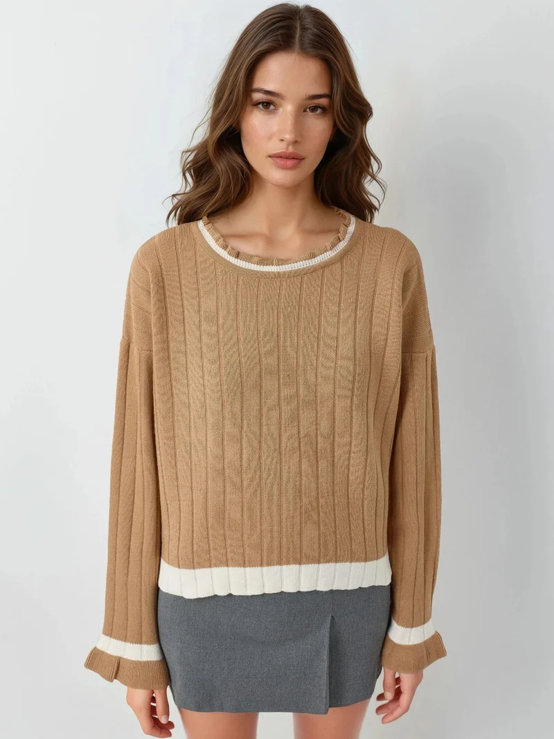 MY FASHION Camel Brown MY FASHION Striped Knit Sweater with Crew Neck for Women | Best Price UAE