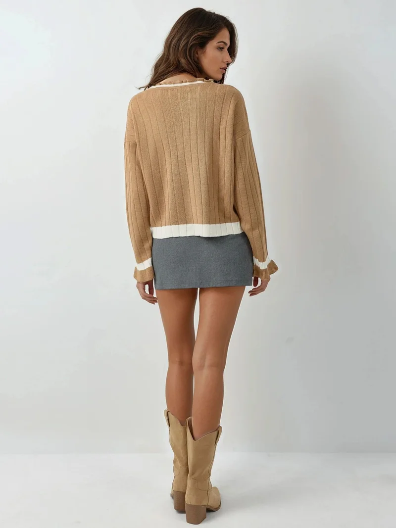 MY FASHION Camel Brown MY FASHION Striped Knit Sweater with Crew Neck for Women | Best Price UAE