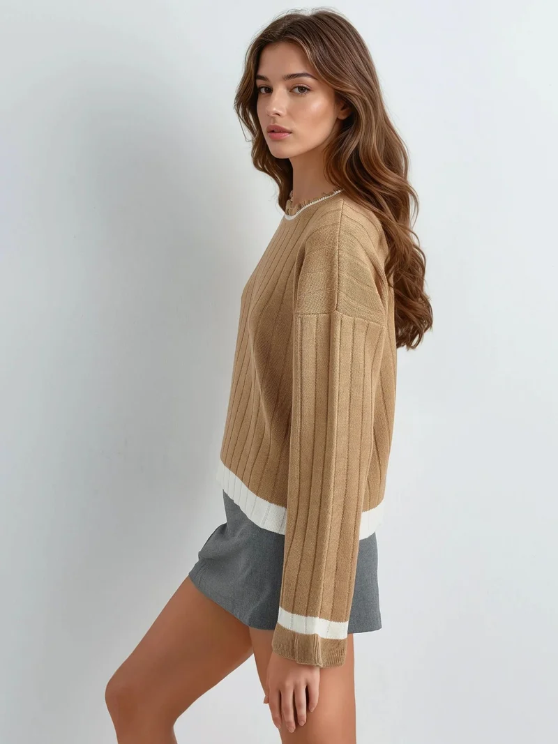 MY FASHION Camel Brown MY FASHION Striped Knit Sweater with Crew Neck for Women | Best Price UAE