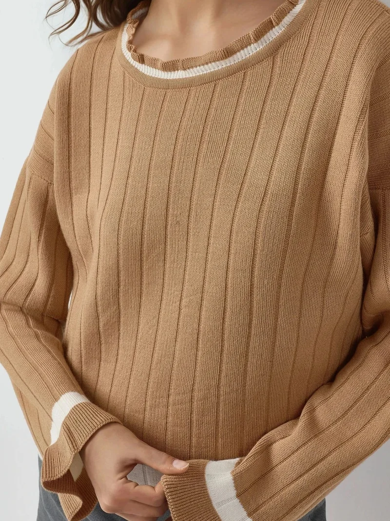 MY FASHION Camel Brown MY FASHION Striped Knit Sweater with Crew Neck for Women | Best Price UAE