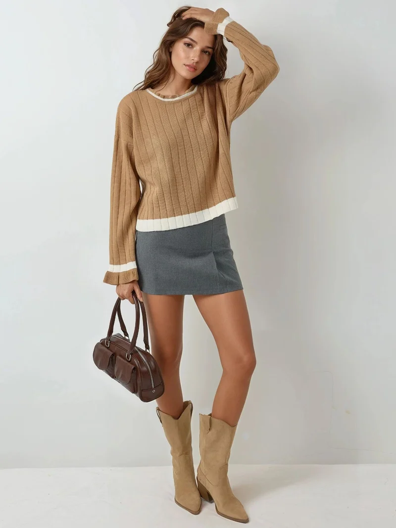 MY FASHION Camel Brown MY FASHION Striped Knit Sweater with Crew Neck for Women | Best Price UAE