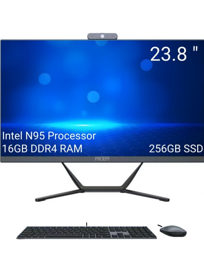 فلوف جهاز كمبيوتر مكتبي متكامل 23.8 بوصة، معالج إنتل من الجيل الثاني عشر Alder Lake-N95 / 16 جيجابايت ذاكرة وصول عشوائي DDR4 / 256 جيجابايت SSD، كاميرا بدقة 3 ملايين بكسل / ويندوز 10 برو، لوحة مفاتيح وفأرة بالإنجليزية والعربية، أسود english_arabic أسود - Image 1
