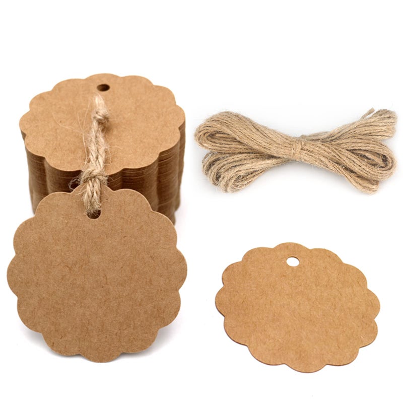G2PLUS 100PCS Craft Scalloped Paper Gift Tags with Natural Jute Twines 24 Round Gift Tags Kraft Paper Present Tag for Birthday Party Wedding Decoration Gifts Arts Crafts Brown