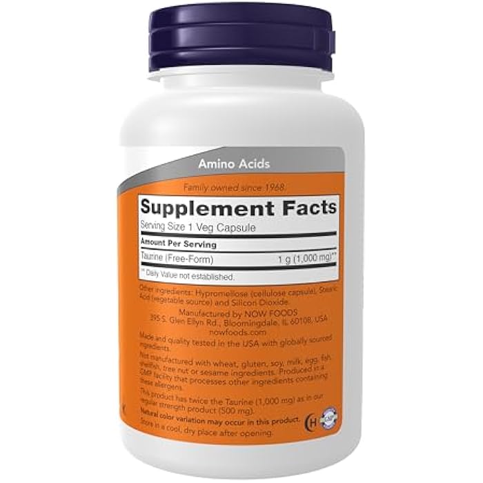 NOW Supplements, Taurine 1,000 mg, Double Strength, Nervous System Health*, 100 Veg Capsules - Image 2