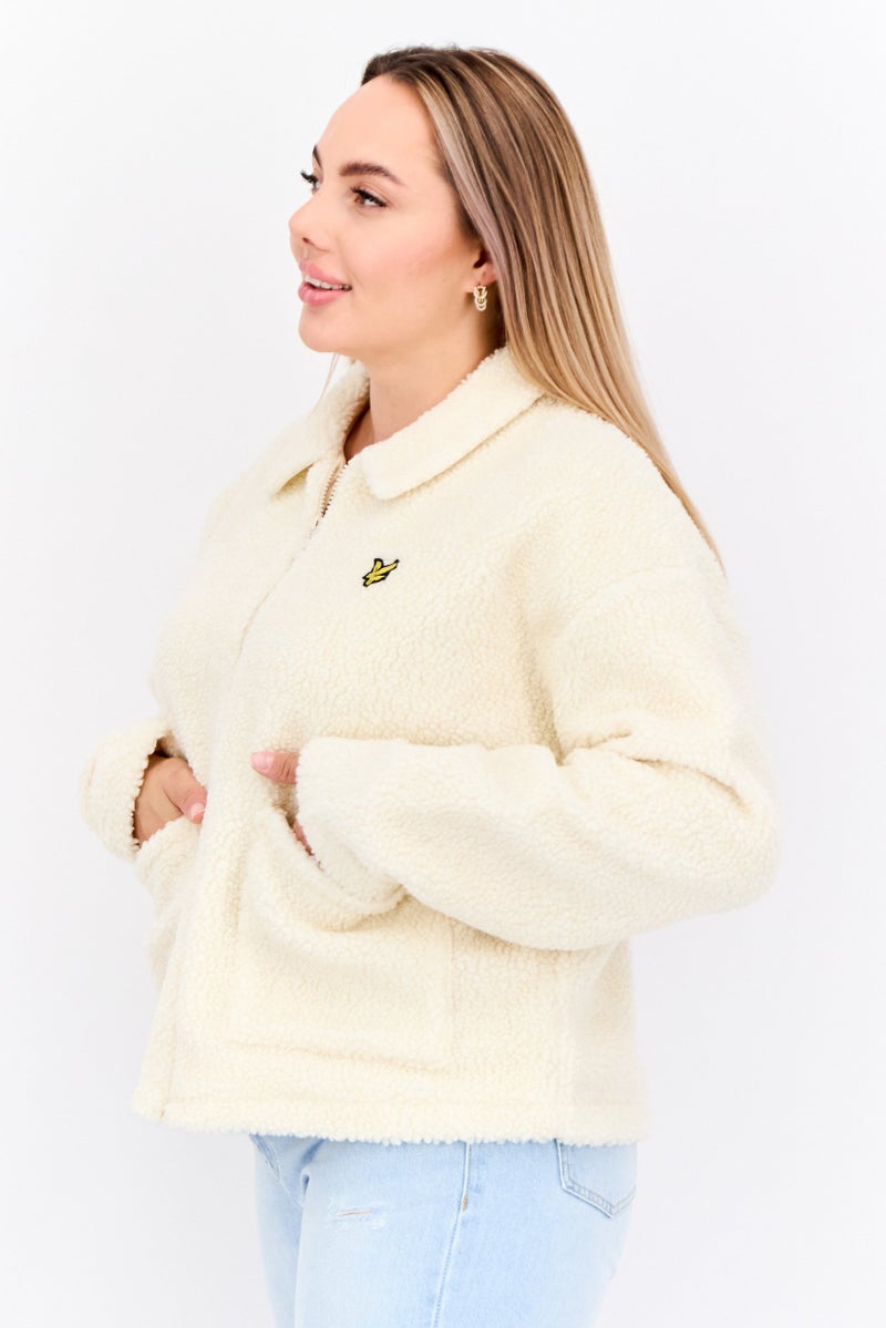 Lyle & Scott Women Embroidered Logo Sharpa Jacket, Cream  - Image 3