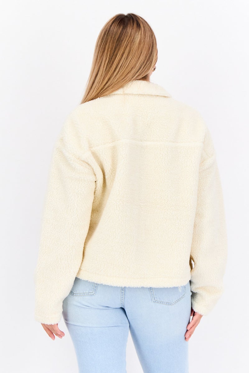 Lyle & Scott Women Embroidered Logo Sharpa Jacket, Cream  - Image 2