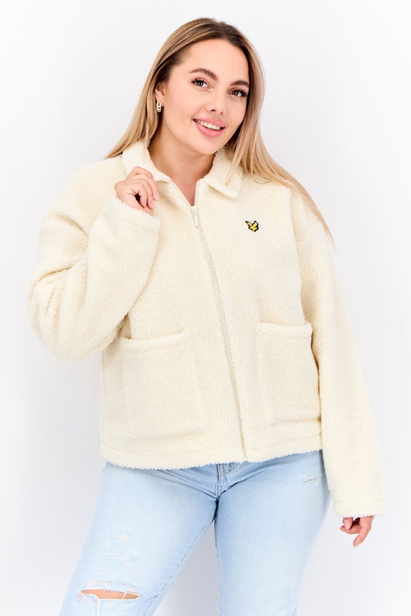 Lyle & Scott Women Embroidered Logo Sharpa Jacket, Cream  - Image 1