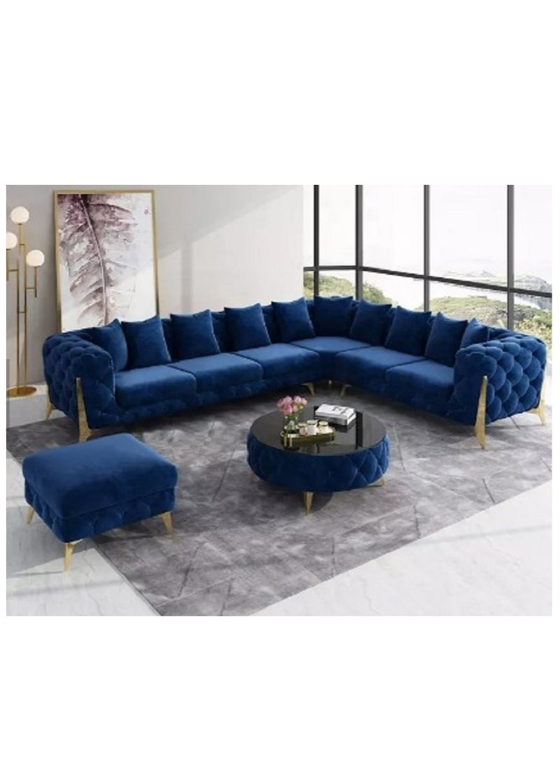 Ripple FURNITURE Luxury Traditional Velvet L Shape Chesterfield Sofa Set, Living Room Furniture With Golden Legs Blue 6 Seaters  320X90X88  - Image 1