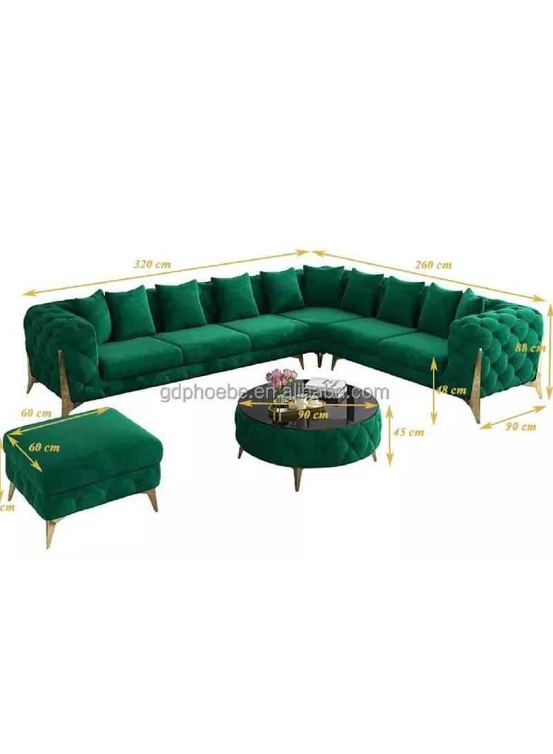 Ripple FURNITURE Luxury Traditional Velvet L Shape Chesterfield Sofa Set, Living Room Furniture With Golden Legs Blue 6 Seaters  320X90X88  - Image 2