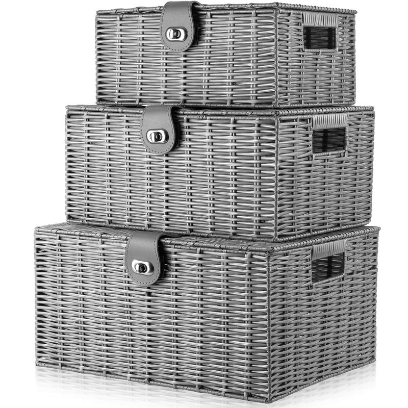 ARPAN Set of 3 Resin Woven Storage Basket Box with Lid  Lock Grey Large Medium Small
