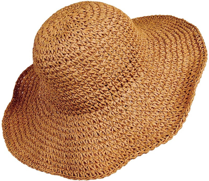 Boolavard Women Straw Hat Wide Brim Beach Sun Cap Foldable Large Lady Floppy 100% Natural Paper Braided for Travel Decoration Summer Vacation Soft Lightweight and Breathable (Brown) - Image 1