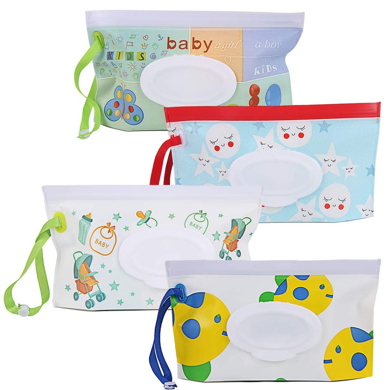 FEBSNOW FEBSNOW 4 Pack Baby Wipes Container Reusable Portable Wet Wipe Pouch Wipe Dispenser Container Baby Travel Wet Wipe Holder 