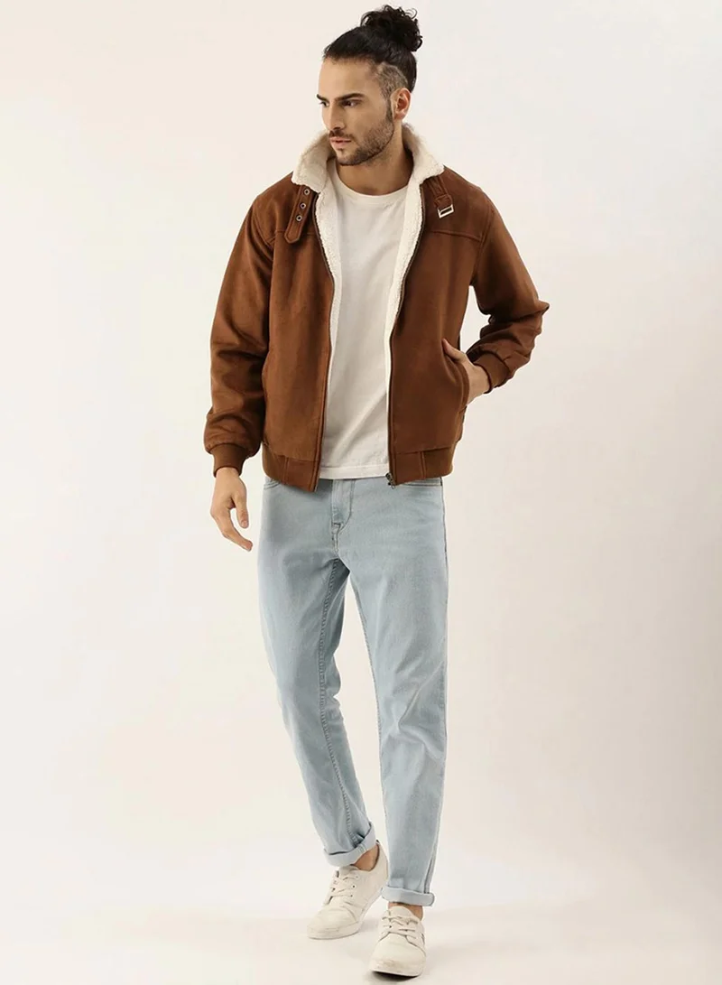 Campus Sutra Brown Men's Brown Zip-Front Jacket With Fleece Detail for Men | Best Price UAE