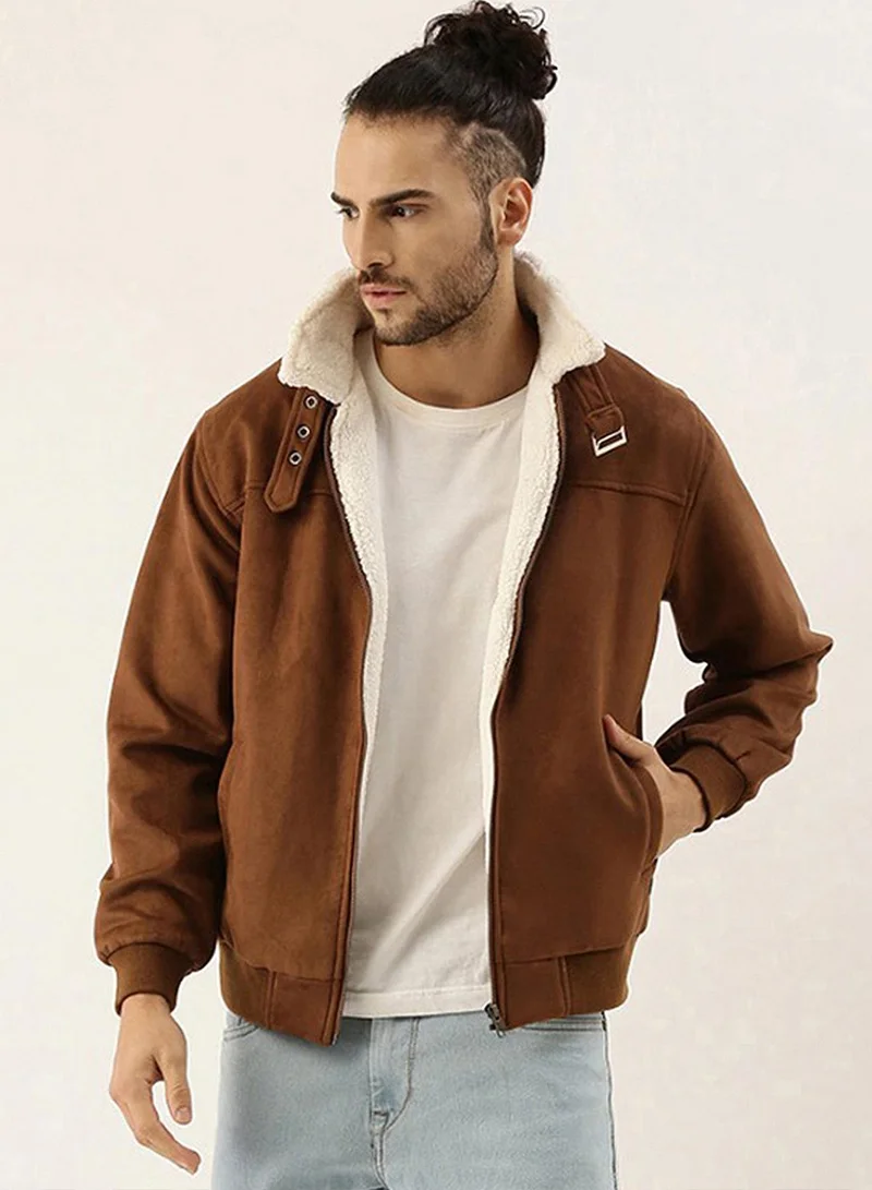 Campus Sutra Men's Brown Zip-Front Jacket With Fleece Detail
