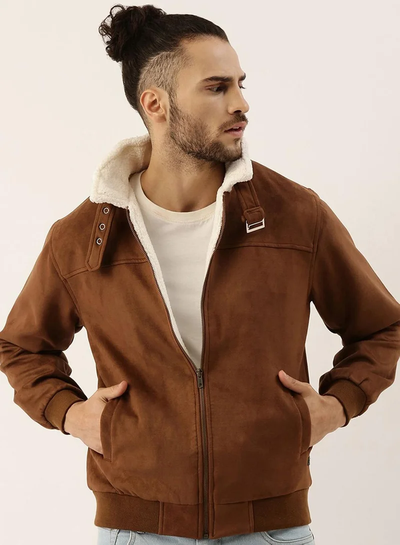 Campus Sutra Men's Brown Zip-Front Jacket With Fleece Detail