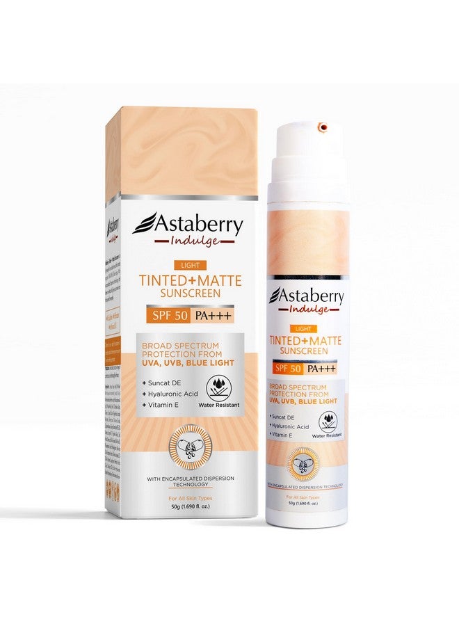 Astaberry Indulge Tinted Matte Sunscreen Spf 50 Pa+++ | Broad Spectrum Protection From Uva/B & Blue Light | Suncat De & No White Cast |Provides A Light Tint - 50G (Light) - Image 1