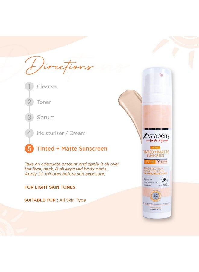 Astaberry Indulge Tinted Matte Sunscreen Spf 50 Pa+++ | Broad Spectrum Protection From Uva/B & Blue Light | Suncat De & No White Cast |Provides A Light Tint - 50G (Light) - Image 3