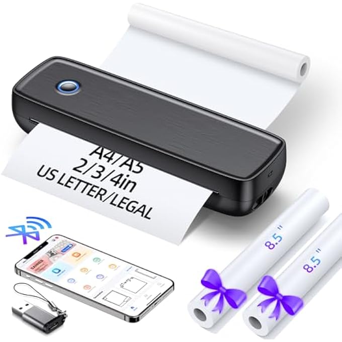 PORTABLE PRINTERS WIRELESS FOR TRAVEL, INKLESS PRINTER MINI BLUETOOTH SMALL PRINTERS FOR HOME USE SUPPORT 8.5" X 11" US LETTER LEGAL, A4, A5 THERMAL PRINTER PAPER COMPATIBLE WITH IOS, ANDROID&LAPTOP