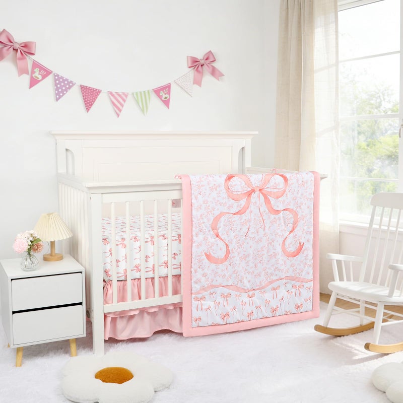 DAYEEBALL Crib Bedding Set for Baby Girls and Boys, 4 Piece Infant Nursery Bedding Sets, Baby Comforter Set for Crib, Pink Nursery Bed Set, Pink Bow - Image 3