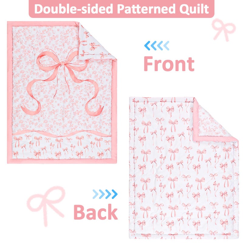 DAYEEBALL Crib Bedding Set for Baby Girls and Boys, 4 Piece Infant Nursery Bedding Sets, Baby Comforter Set for Crib, Pink Nursery Bed Set, Pink Bow - Image 4