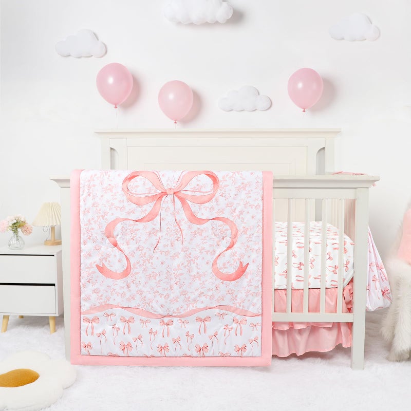 DAYEEBALL Crib Bedding Set for Baby Girls and Boys, 4 Piece Infant Nursery Bedding Sets, Baby Comforter Set for Crib, Pink Nursery Bed Set, Pink Bow - Image 1
