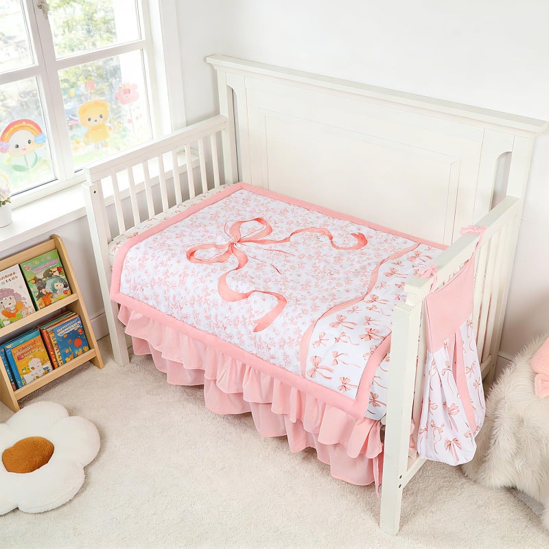 DAYEEBALL Crib Bedding Set for Baby Girls and Boys, 4 Piece Infant Nursery Bedding Sets, Baby Comforter Set for Crib, Pink Nursery Bed Set, Pink Bow - Image 5