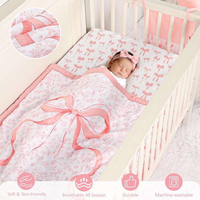 DAYEEBALL Crib Bedding Set for Baby Girls and Boys, 4 Piece Infant Nursery Bedding Sets, Baby Comforter Set for Crib, Pink Nursery Bed Set, Pink Bow - Image 2