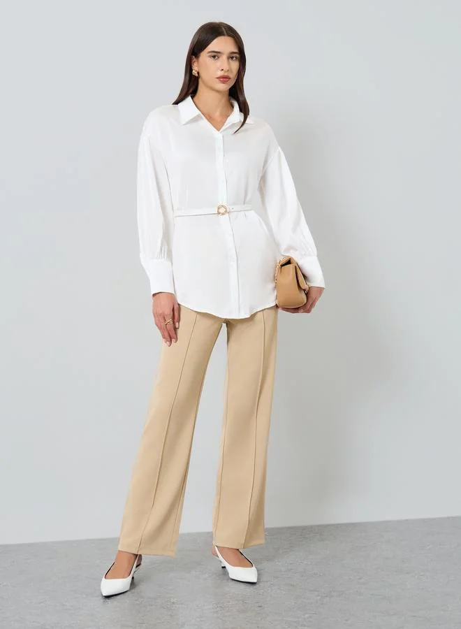 Take Two Women Solid Belted Lantern Sleeve Shirt