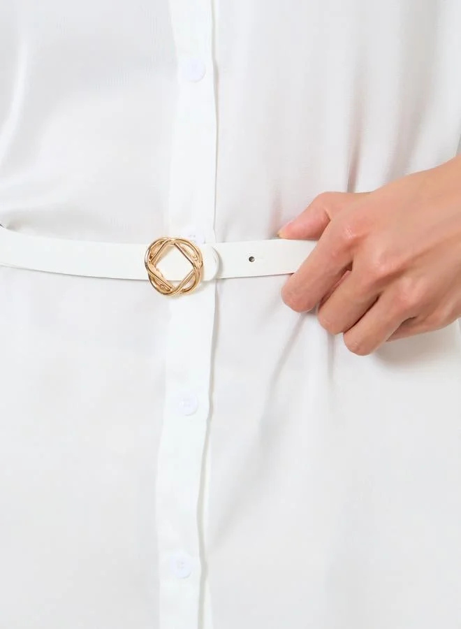 Take Two Women Solid Belted Lantern Sleeve Shirt