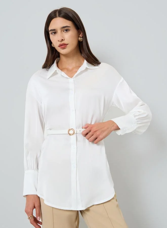 Take Two Women Solid Belted Lantern Sleeve Shirt