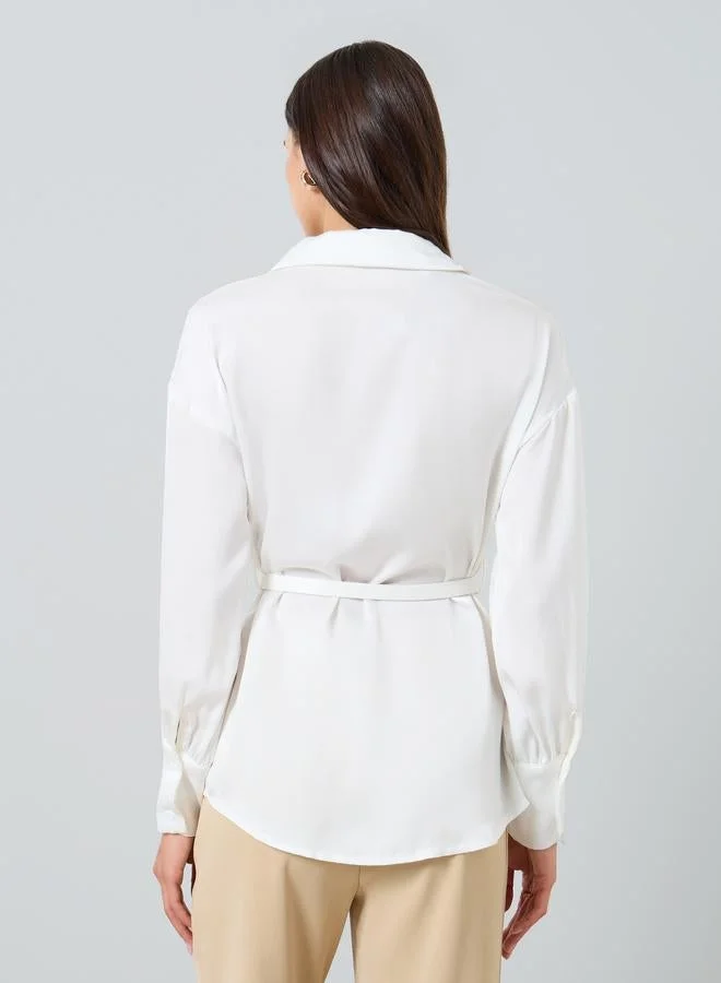 Take Two Women Solid Belted Lantern Sleeve Shirt