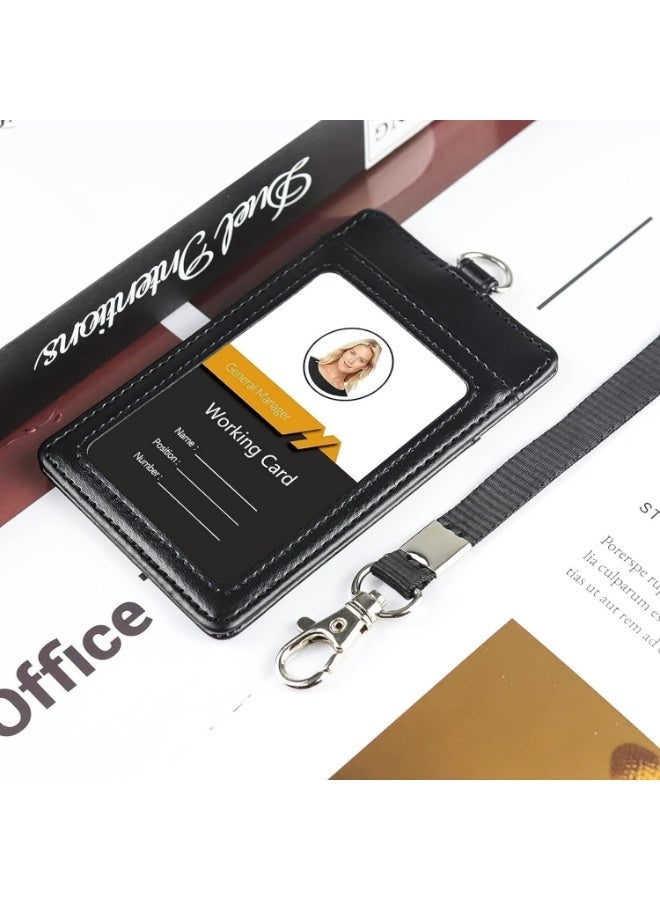 PU Leather Vertical ID Badge Holder with Lanyard – Clear Window Card Holder Holds 2 Cards, for Office, School, Bus Pass - Image 4