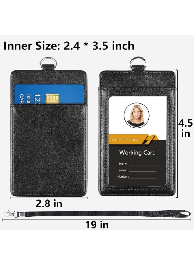 PU Leather Vertical ID Badge Holder with Lanyard – Clear Window Card Holder Holds 2 Cards, for Office, School, Bus Pass - Image 2