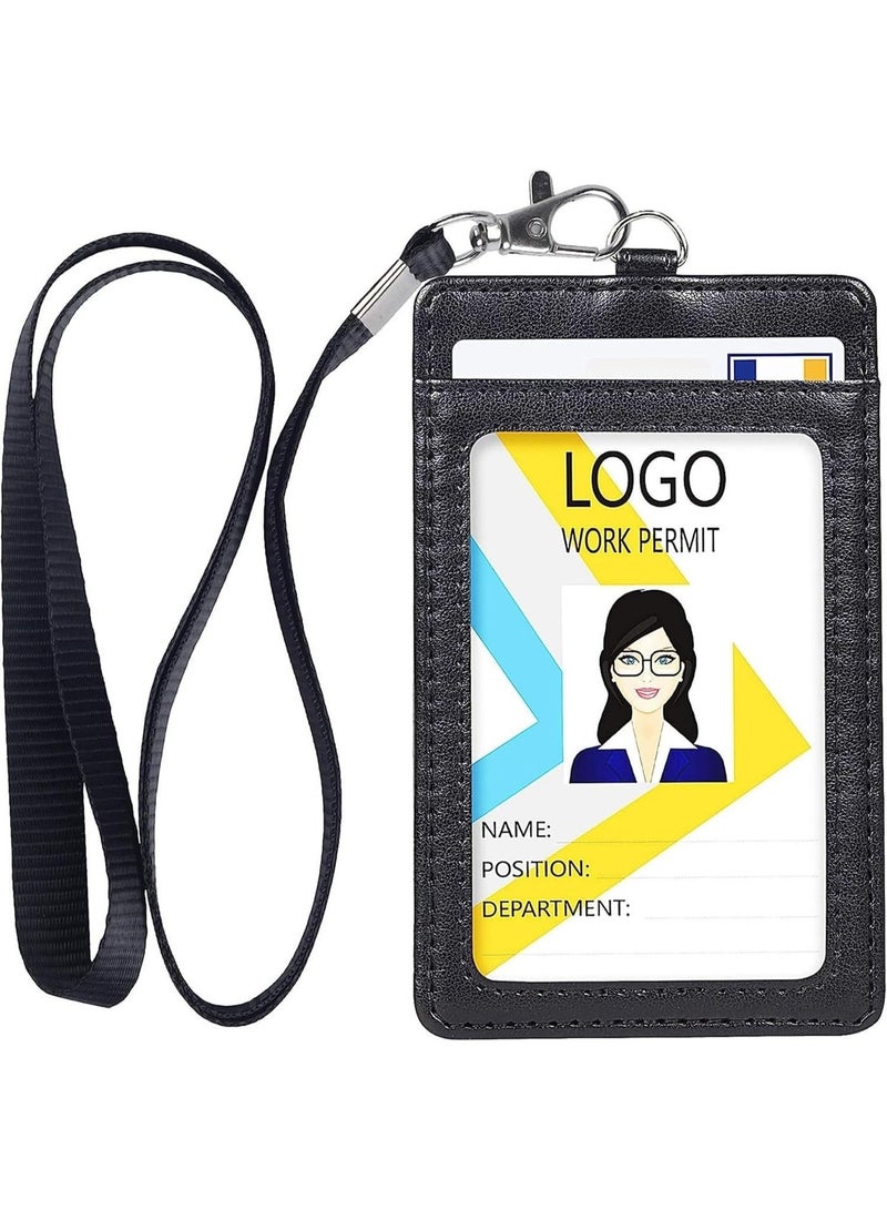 PU Leather Vertical ID Badge Holder with Lanyard – Clear Window Card Holder Holds 2 Cards, for Office, School, Bus Pass - Image 1