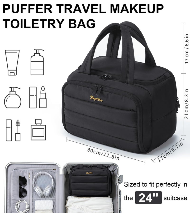 Bagstellar Travel Toiletry Bag for Women, Lightweight Large Quilted Puffy Makeup Bag Wide-open Make up Organizer Cloud Cosmetic Bag w/Handle for Traveling, Toiletries, Essentials, Accessories, Black - Image 2