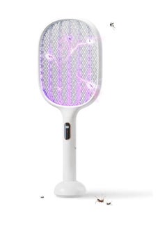 Electric Fly Swatter Racket Rechargeable Handheld Bug Zapper 4000V with 2 Stand Base, Large Surface Fly Killer with Power Display for Indoor Outdoor