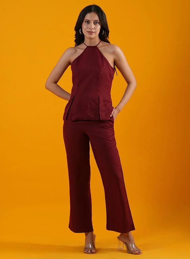 جلو باص Globus Halter Neck Front Slits Crepe Top with Trousers Co-Ords