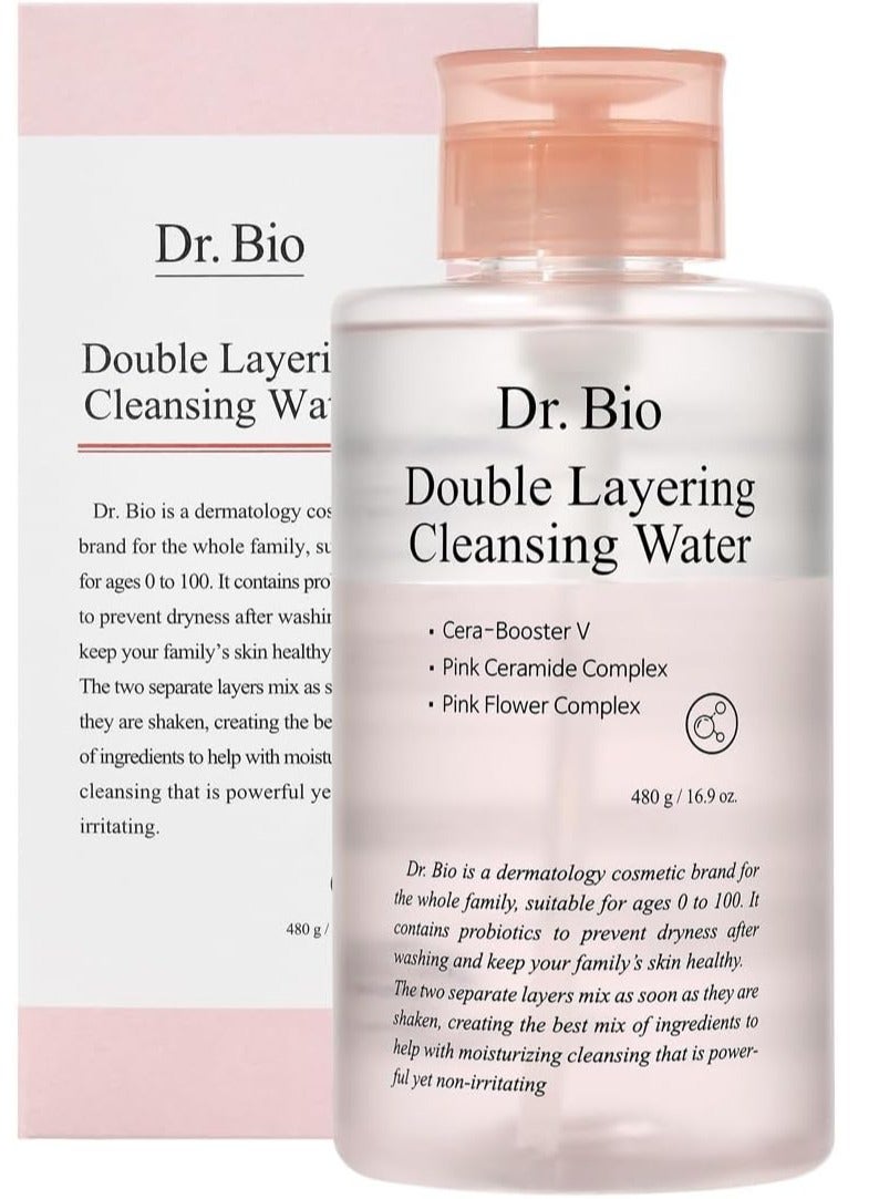 Dr.Bio Double Layering Cleansing Water 480g – Bi-Phase Makeup Remover with Probiotics & CICA – Vegan & Sensitive Skin Safe - Image 1