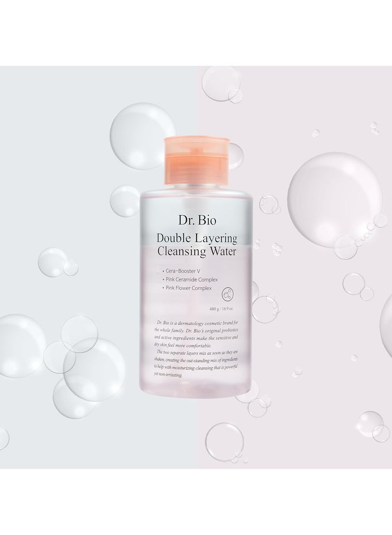 Dr.Bio Double Layering Cleansing Water 480g – Bi-Phase Makeup Remover with Probiotics & CICA – Vegan & Sensitive Skin Safe - Image 2