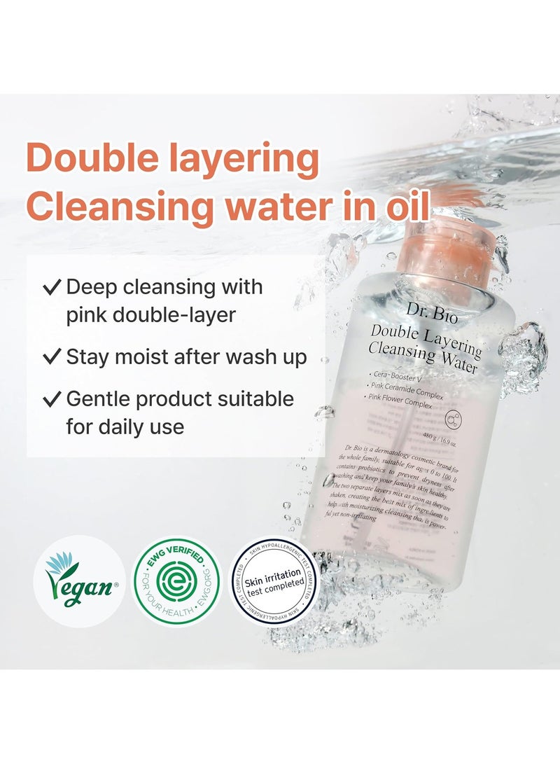 Dr.Bio Double Layering Cleansing Water 480g – Bi-Phase Makeup Remover with Probiotics & CICA – Vegan & Sensitive Skin Safe - Image 4