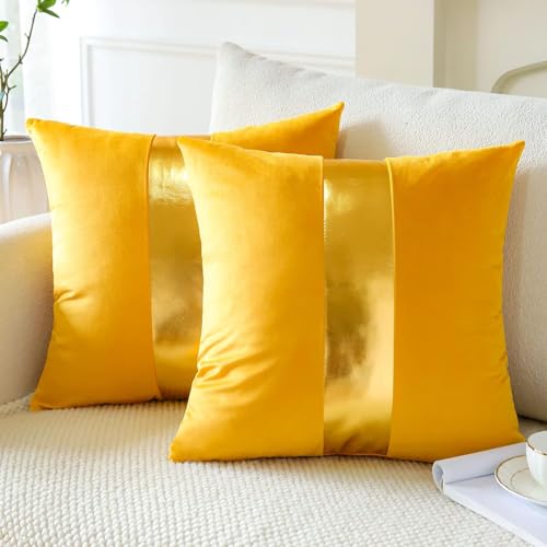 AEROHAVEN™ Set of 2 Premium Velvet with Gold Stripes Decorative Throw Pillow/Cushion Covers with Invisible Zipper - (16 x 16 Inch, Yellow) - Image 1