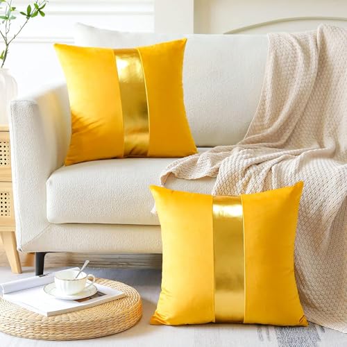 AEROHAVEN™ Set of 2 Premium Velvet with Gold Stripes Decorative Throw Pillow/Cushion Covers with Invisible Zipper - (16 x 16 Inch, Yellow) - Image 2