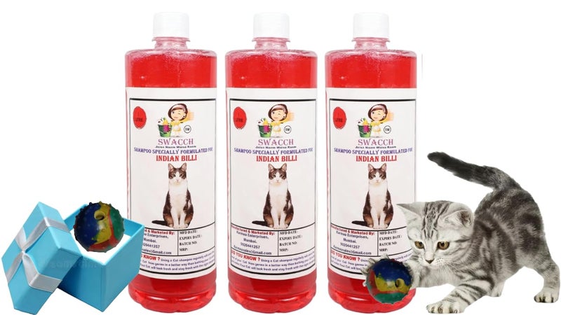 swacch Indian Billi Shampoo + Rubber Musical Ball I Chew Playing Rubber Ball I Interactive Cat Toy Balls I Training & Play I Combo Pack I 1 Litre Pack of 3 Strawberry - Image 1