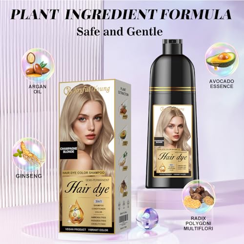 Joyful Young Hair Dye Shampoo 3-in-1, Champagne Blonde Semi-Permanent Gray Hair Coverage, Color Depositing Shampoo for Women & Men, Vegan, Ammonia-Free - Image 2