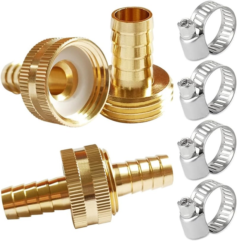 Uenede Solid Brass Garden Hose Repair Connector with Clamps, Fit for 1/4" Garden Water Hose Fitting, 3/4" GHT Male and Female Garden Hose Fitting, 2 Set - Image 1