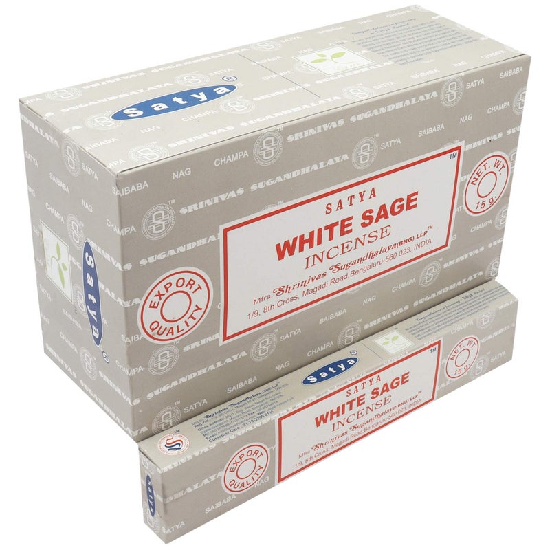 Satya White Sage Incense Sticks Agarbatti 180 Grams Box with Free Wooden incenseagarbatti stand with brass work 12 Packs of 15 Grams Each in a Box Export Quality - Image 1
