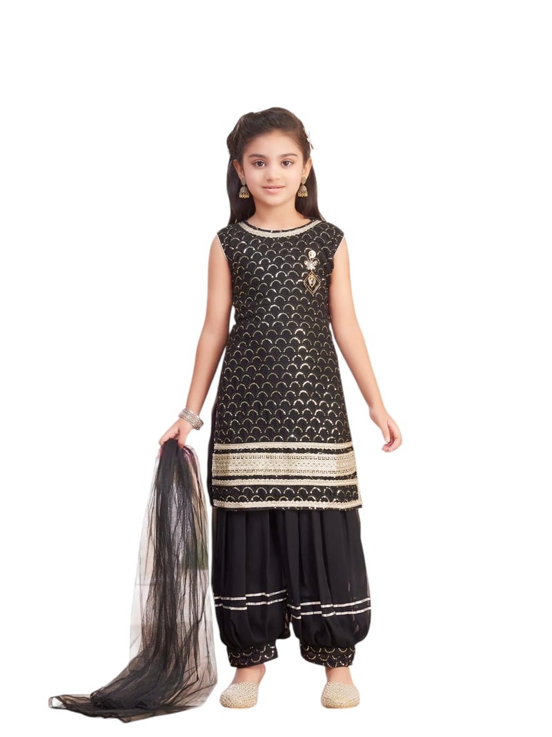 aarikka Aarika Girls Ethnic Wear Black Colour Sequin Embroidery/Lace Work Georgette Kurti Patiala Set with Dupatta-(3-13 Years)-(PT-18011-BLACK-22) - Image 2