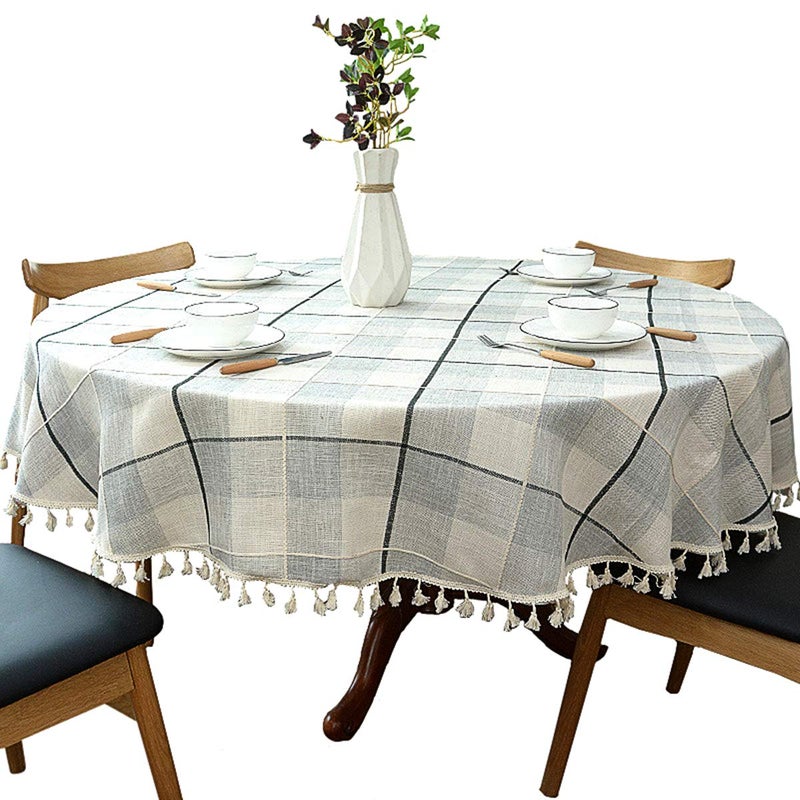 Dimatic Heavy Weight Cotton Linen Tablecloth Plaid Tassel Round Table Cover for Kitchen Dining Room Tabletop Decorations Round 70 Grey Check