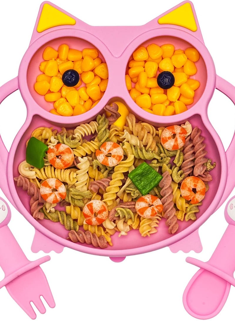 Excefore Suction Plate for Baby, Silicone Divided Plates with Suction, Toddler Baby Spoon Fork Plate Set, Perfect Baby Dishes with Kids Plates, Pink Owl Design - Image 1